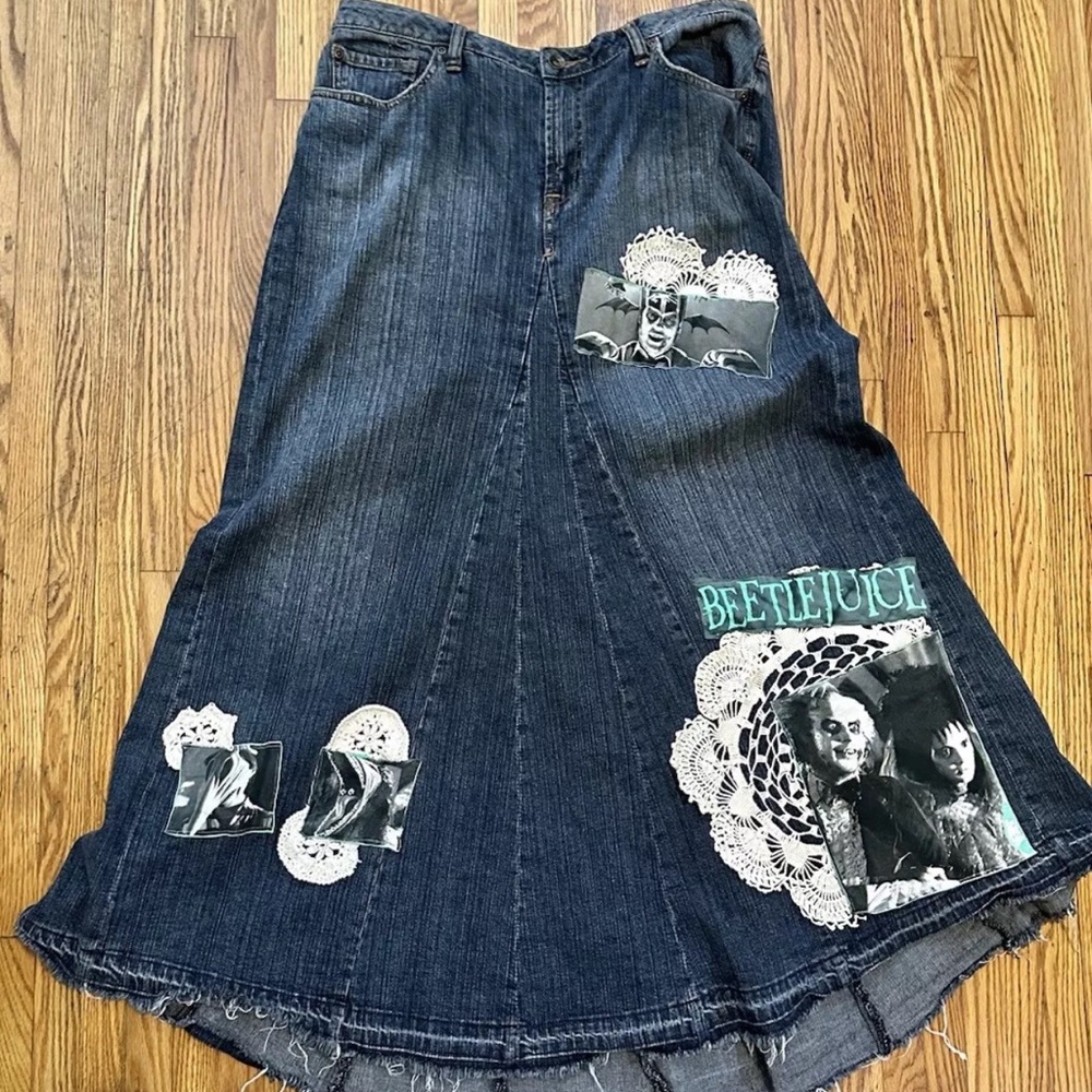Reworked Handmade Halloween Beetlejuice Crochet Doilies Patches Denim Maxi Skirt